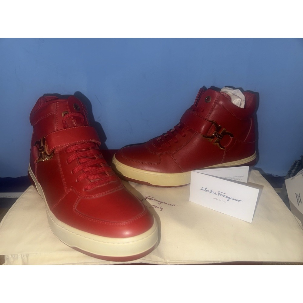 Salvatore Ferragamo Mens 8.5 Rosso Red Leather Royale Hightop Sneakers New Box